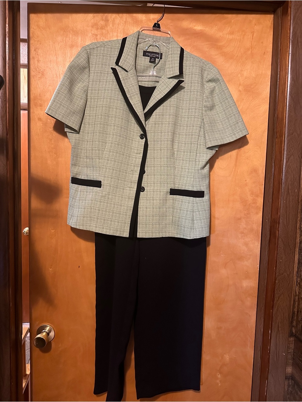 Women Perceptions Sage Plaid Short-Sleeve Suit with Black Trim